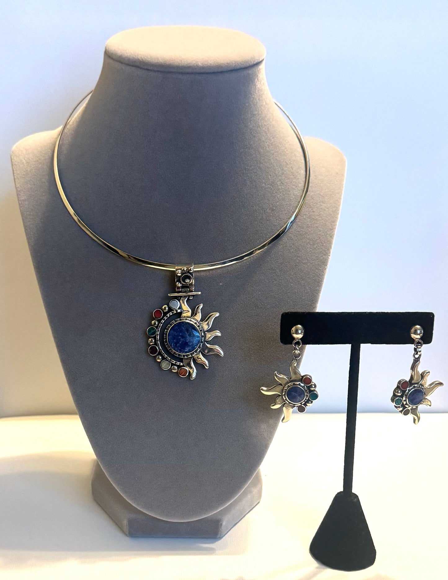 Peruvian Sun and Moon 950 Silver Choker and Earrings Set