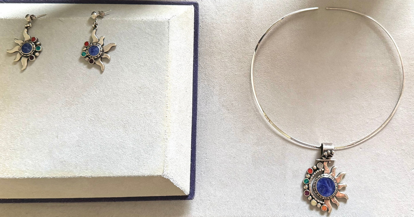 Peruvian Sun and Moon 950 Silver Choker and Earrings Set