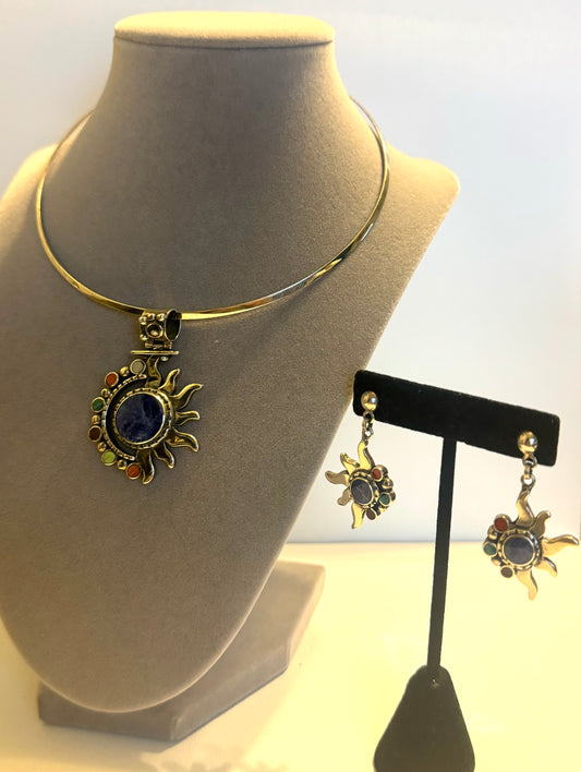 Peruvian Sun and Moon 950 Silver Choker and Earrings Set